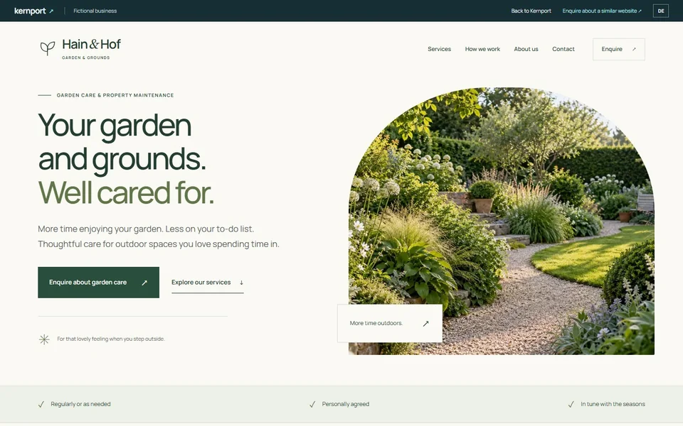 English Hain & Hof example website with a large green headline and garden imagery