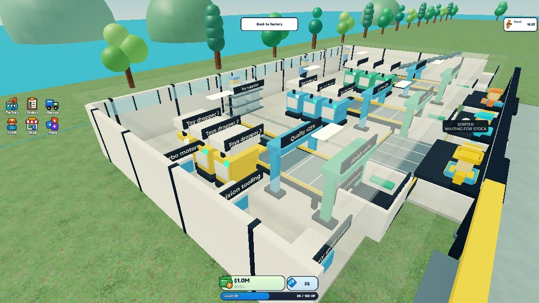 Factory Rush Tycoon in Roblox Studio showing an expanded test factory with machines, conveyors and production lines