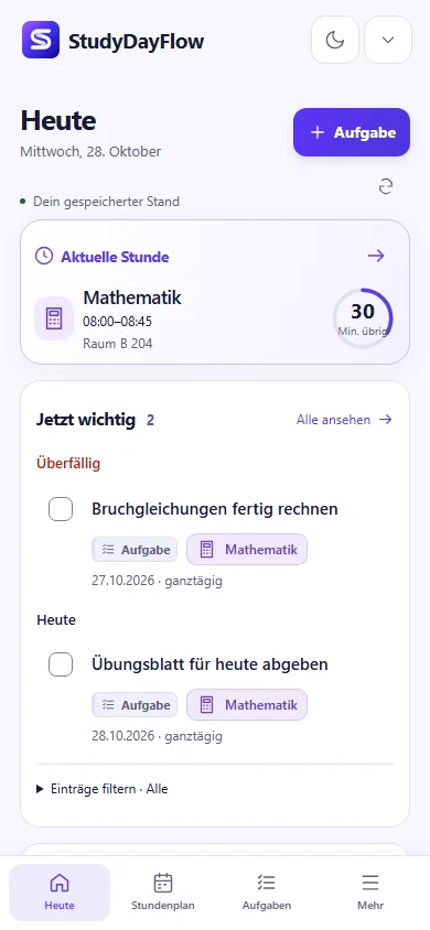 StudyDayFlow’s mobile Today view showing the current lesson and two fictional tasks