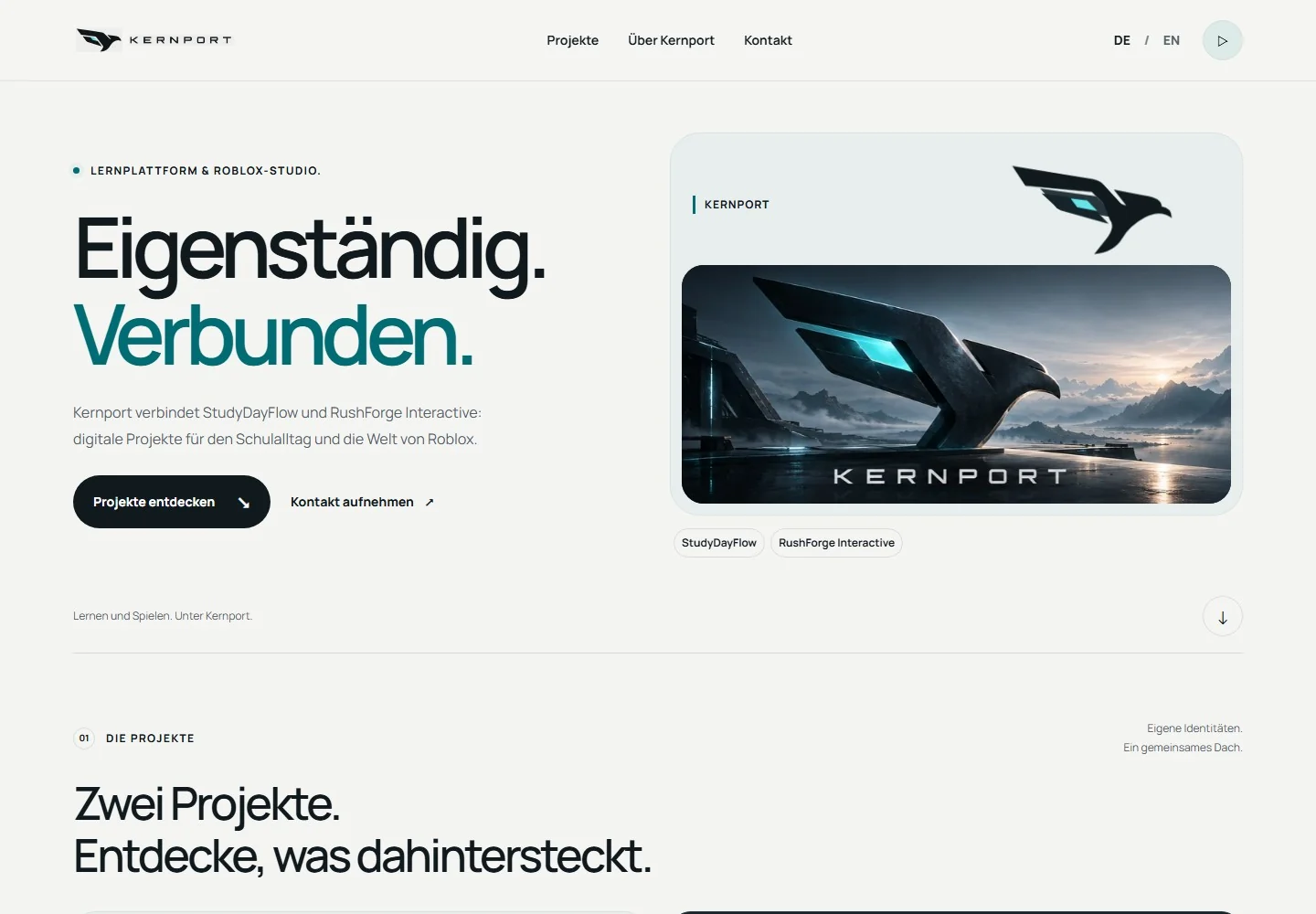 Desktop view of Kernport’s own homepage with Falcon artwork, a light colour scheme and large typography