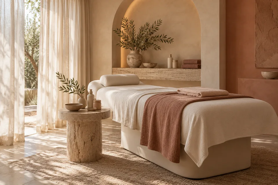 Illustrative bright treatment room with a couch, linen and warm natural materials