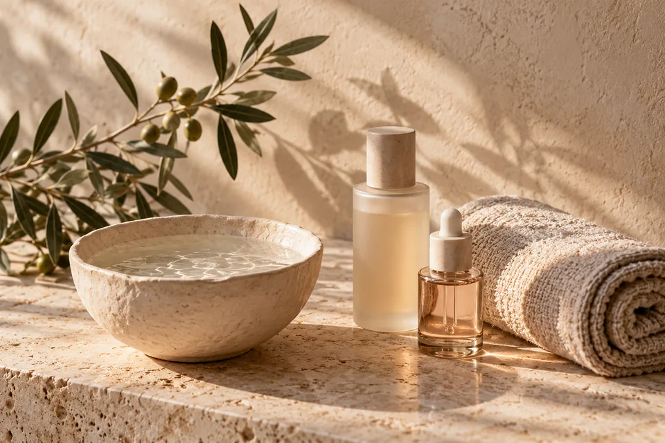 Illustrative still life with ceramics, linen and neutral care products